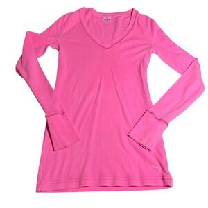 PINK Victoria's Secret Waffle Knit Thermal V-Neck Top Neon Pink Medium